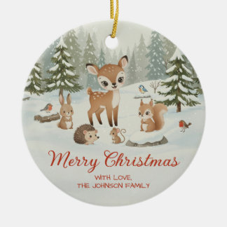 Cute Deer and Woodland Animals Merry Christmas Keramik Ornament