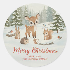 Cute Deer and Woodland Animals Merry Christmas Runder Aufkleber