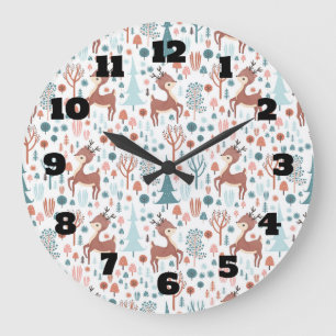 Cute Deer in Whimsical Forest Pattern Große Wanduhr