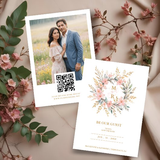Cute Delicate Luxury Pink & Golden Floral Wreath Save The Date