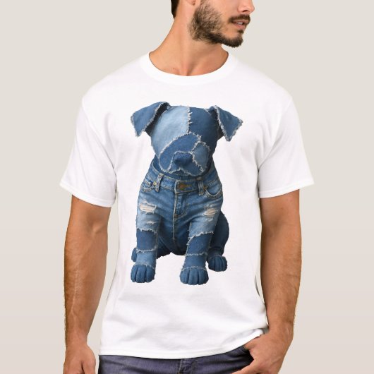 Cute Denim Patchwork Art Dog T-Shirt (Vorderseite)
