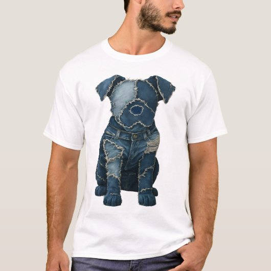 Cute Denim Patchwork Art Dog T-Shirt (Vorderseite)