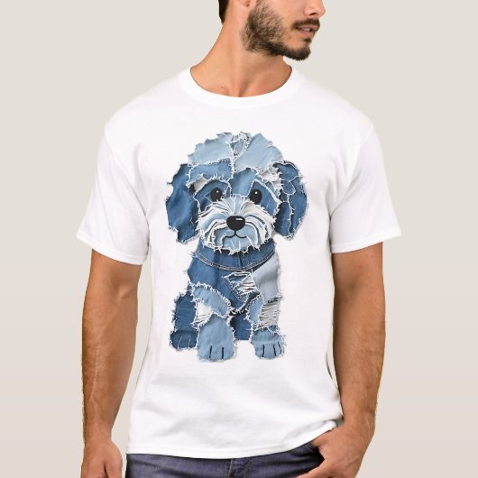Cute Denim Patchwork Dog Illustration T-Shirt (Vorderseite)