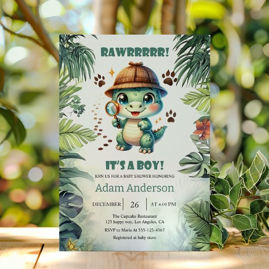 Cute Dino Detective Boy Baby Shower Invitation Einladung