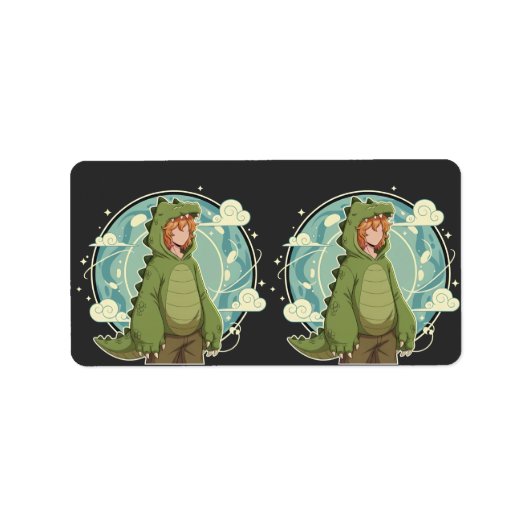 Cute Dino Friend Anime Boy - Green Dinosaur Adressaufkleber (Vorne)
