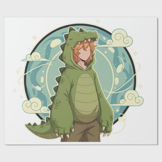 Cute Dino Friend Anime Boy - Green Dinosaur Geschenkpapier (Flach)