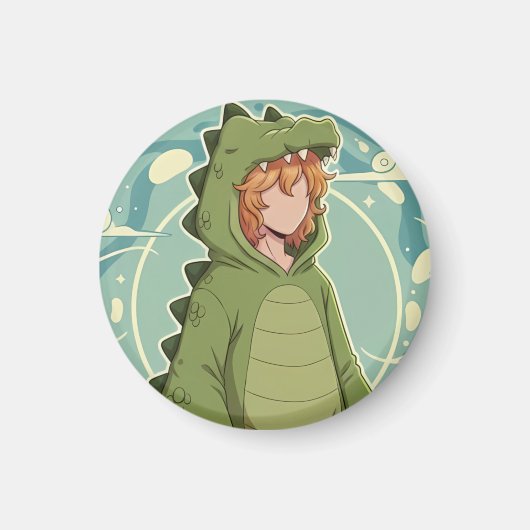 Cute Dino Friend Anime Boy - Green Dinosaur Magnet (Vorne)