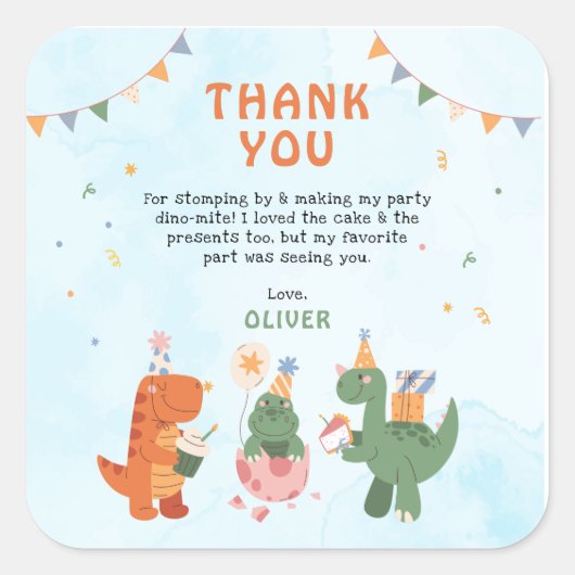 cute dinosaur 4th Birthday Thank You Cards Quadratischer Aufkleber (Vorderseite)