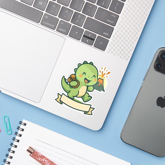 Cute Dinosaur Adventure with Volcano – Personalize Aufkleber (Laptop mit iPhone)