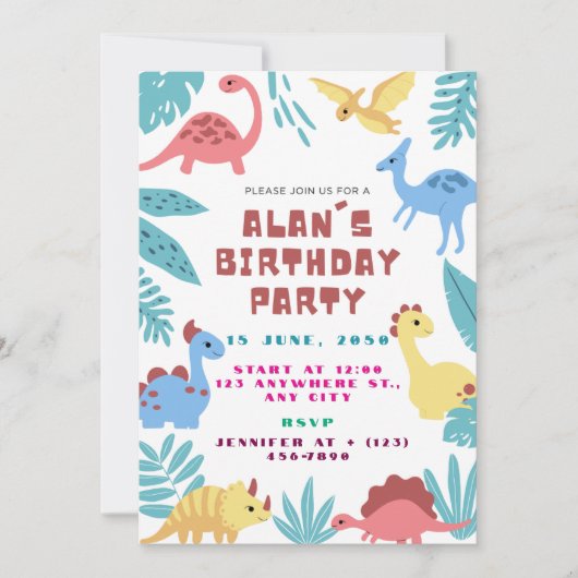 Cute Dinosaur Birthday Invitation Einladung (Vorderseite)