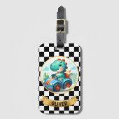 Cute Dinosaur Driving a Race Car Gepäckanhänger (Vorderseite Vertikal)