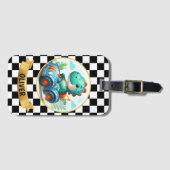 Cute Dinosaur Driving a Race Car Gepäckanhänger (Vorderseite (Horizontal))