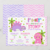 Cute Dinosaur Joint Birthday  Einladung (Vorne/Hinten)