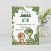 Cute Dinosaur Jungle First Birthday Invitation Einladung (Stehend Vorderseite)