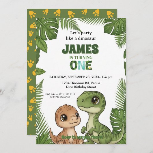 Cute Dinosaur Jungle First Birthday Invitation Einladung (Vorne/Hinten)
