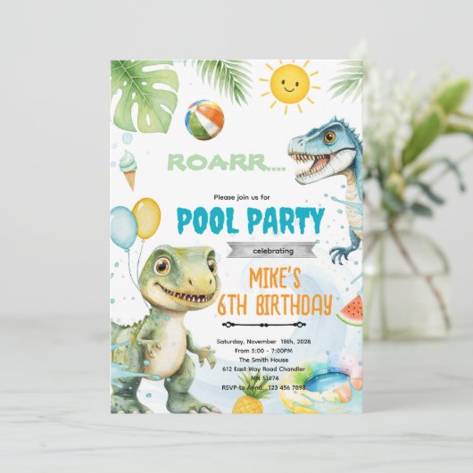 Cute dinosaur pool theme invitation einladung (Stehend Vorderseite)