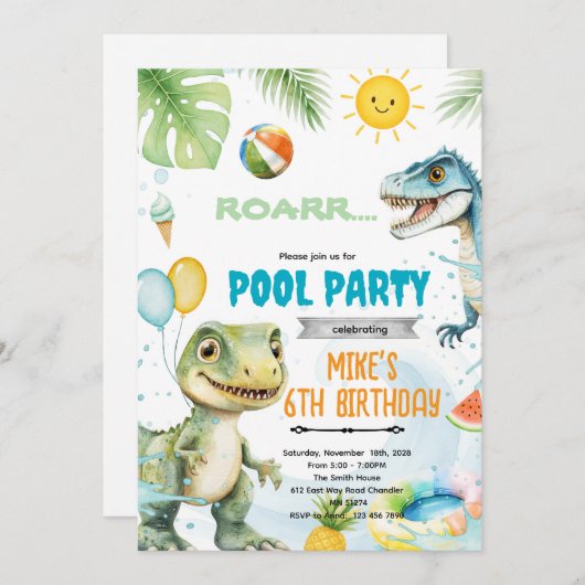 Cute dinosaur pool theme invitation einladung (Vorne/Hinten)