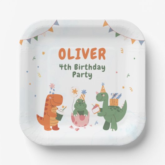 Cute Dinosaur T-rex 4th Birthday Paper Plates Pappteller (Vorderseite)