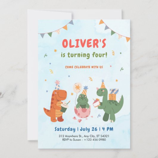 cute dinosaur t-rex kids 4th Birthday Invitation Einladung (Vorderseite)