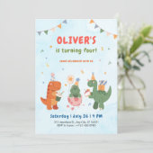 cute dinosaur t-rex kids 4th Birthday Invitation Einladung (Stehend Vorderseite)