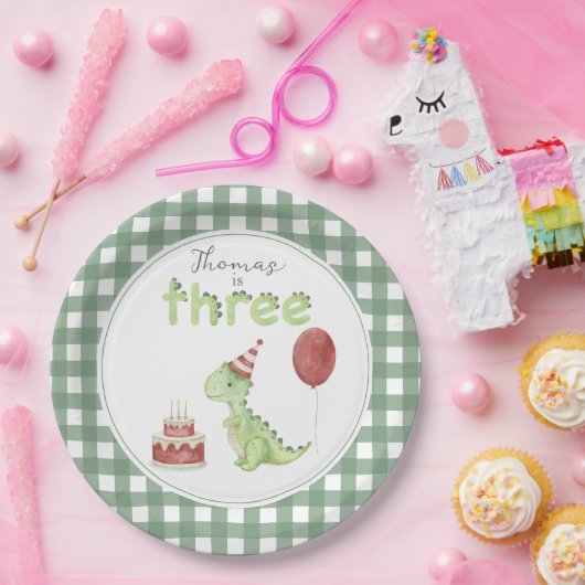 Cute Dinosaur Three-rex Birthday Pappteller (Party)