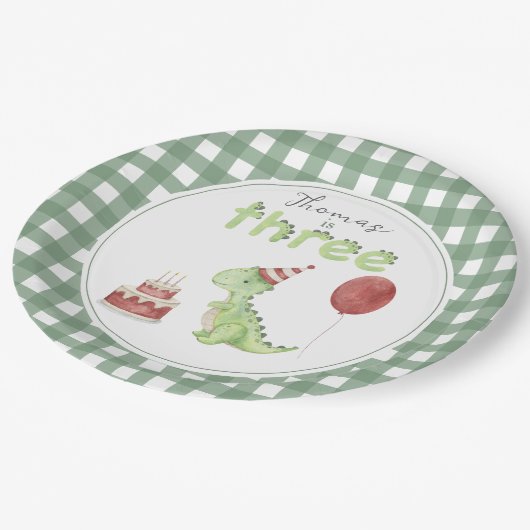 Cute Dinosaur Three-rex Birthday Pappteller (Schrägansicht)