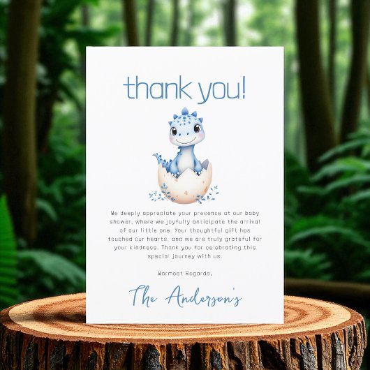 Cute Dinosaur Watercolor Blue Baby Shower Dankeskarte