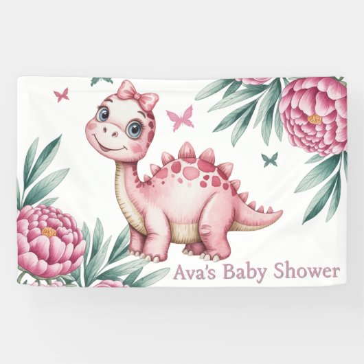 Cute Dinosaur with Butterflies Baby Shower Banner (Horizontal)