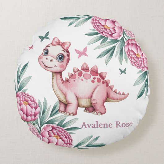 Cute Dinosaur with Butterflies Baby Shower Gift Rundes Kissen (Vorderseite)