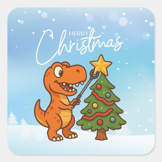 Cute dinosaur with Christmas tree Quadratischer Aufkleber (Vorderseite)