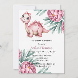 Cute Dinosaur with Pink Peony Girl Baby Shower Einladung