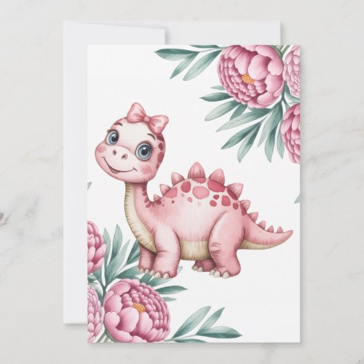 Cute Dinosaur with Pink Peony Girl Baby Shower Einladung (Rückseite)