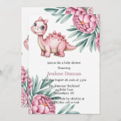 Cute Dinosaur with Pink Peony Girl Baby Shower Einladung (Vorne/Hinten)