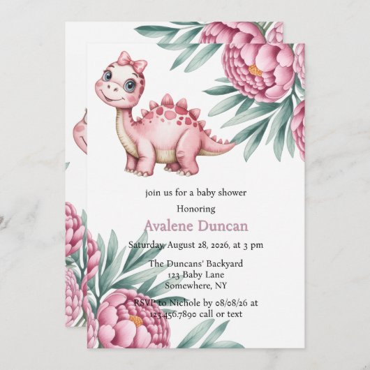 Cute Dinosaur with Pink Peony Girl Baby Shower Einladung (Vorne/Hinten)
