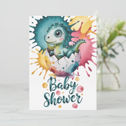 Cute Dinosaur with Watercolor Splash Baby Shower Einladung (Stehend Vorderseite)