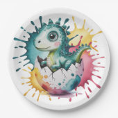 Cute Dinosaur with Watercolor Splash Baby Shower Pappteller (Vorderseite)