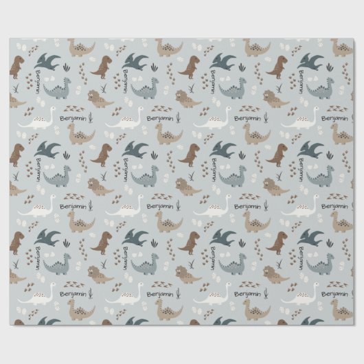Cute Dinosaurs Footprints & Custom Name Light Blue Geschenkpapier (Flach)