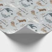 Cute Dinosaurs Footprints & Custom Name Light Blue Geschenkpapier (Ecke)