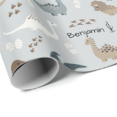 Cute Dinosaurs Footprints & Custom Name Light Blue Geschenkpapier (Rolleneckpunkt)