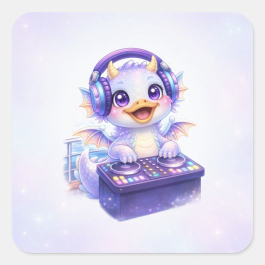 Cute DJ Dragon Square Sticker (Vorderseite)