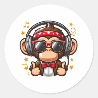 Cute DJ Monkey with Headphones for Kids Runder Aufkleber