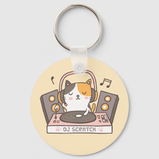 Cute DJ Scratch Kitty Cat Pun Keychain Schlüsselanhänger (Vorderseite)