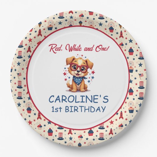 Cute Dog 4th Of July First Birthday Pappteller (Vorderseite)