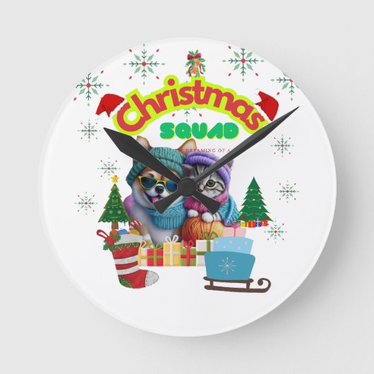 Cute dog and cat Christmas squad design  Runde Wanduhr (Vorderseite)