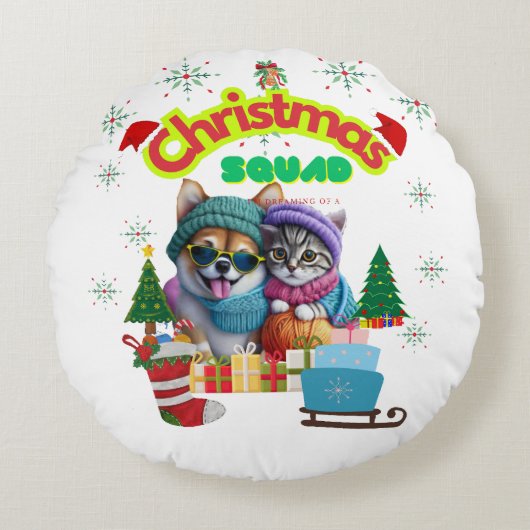 Cute dog and cat Christmas squad design Rundes Kissen (Vorderseite)