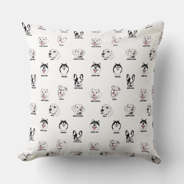 Cute Dog Breed Faces Pattern Throw Pillow Kissen (Vorderseite)