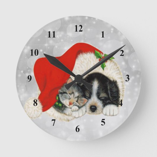 Cute Dog Cat Santa Cap Christmas Runde Wanduhr (Vorderseite)