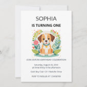 Cute Dog Floral Kids First Birthday  Einladung (Vorderseite)