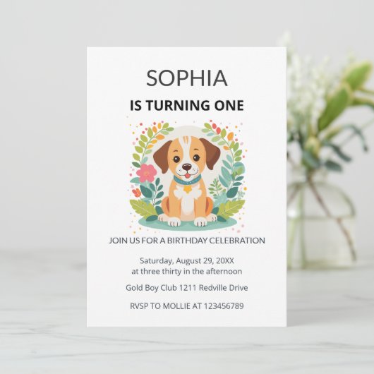 Cute Dog Floral Kids First Birthday  Einladung (Stehend Vorderseite)