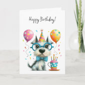 Cute Dog in Glasses and a Party Hat Birthday Karte (Vorderseite)